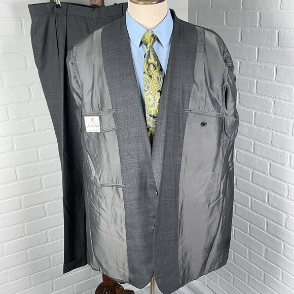 Joseph Scafidi Suit Men 49/42W x 30L Gray Blue Plaid Bespoke Classic USA VTG - Picture 5 of 16